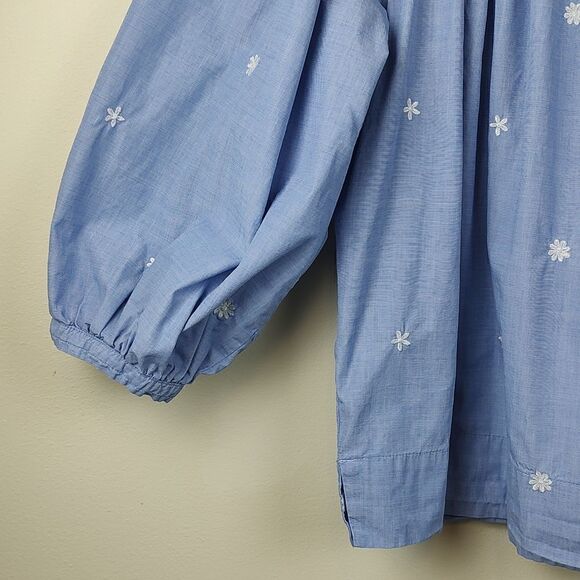 J. Crew The Perfect Embroidered Chambray Cotton Blouse Top Puff Sleeves Size S - Picture 4 of 12